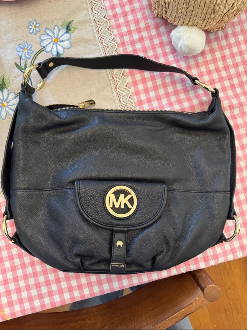 Michael Kors Black Leather Shoulder Hobo with Gold MK Emblem Fulton